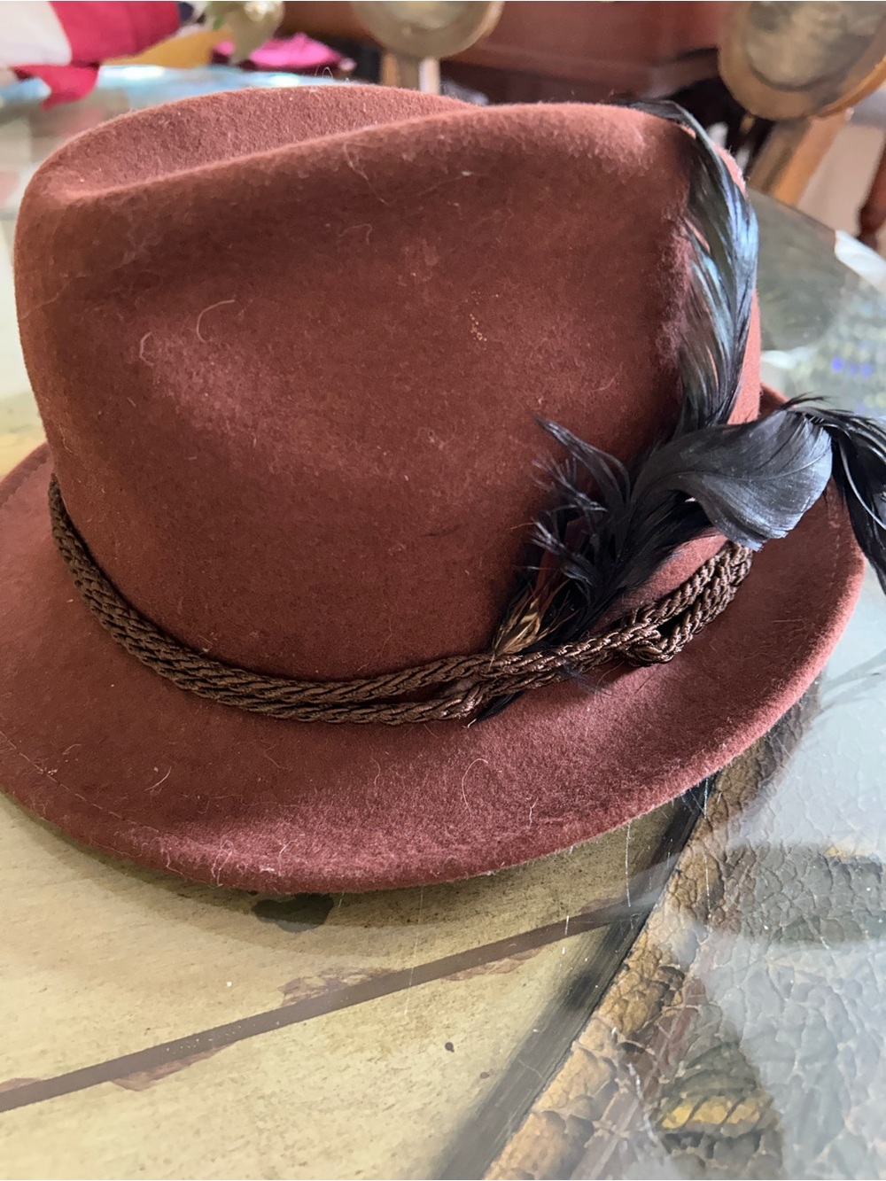 Men's Brown Felt Fedora Hat with Feather Accent wool by Filippo Catarzi
